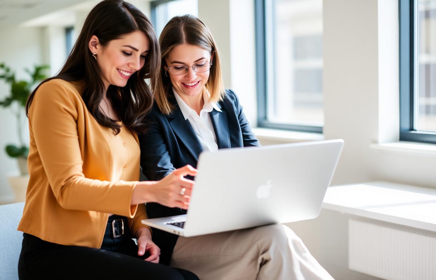 Two professionals collaborating over a laptop in a bright modern office